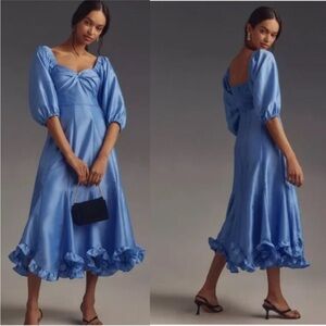 NWT Anthropologie Hutch Twist-front Puff Sleeve Ruffle Hem Midi Dress in Blue S